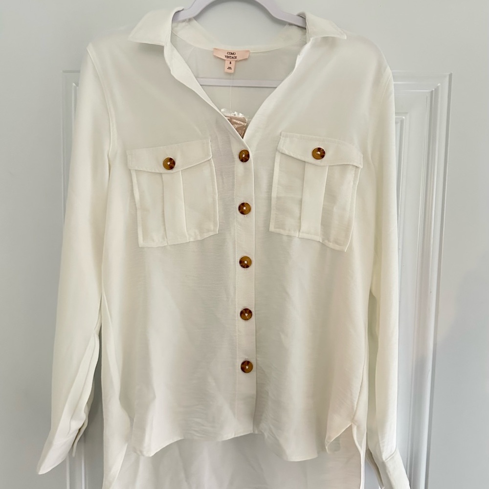 Como Vintage Cream Button Down Top w/ Brown Buttons Small Women’s Chic Shirt